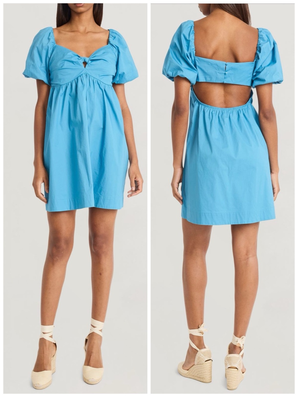 THE GOOD JOURNEY Women Size 10 Cendre Blue Bubble Sleeve Mini Dress Back Cut-Out